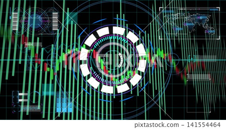 Animating central circular HUD showing rings on black grid, with green bars and candlestick trace Animating central circular HUD showing rings on black grid, with green bars and candlestick trace 141554464