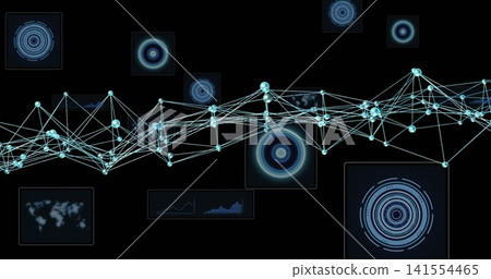 Displaying connected glowing-node network spanning middle of dark digital interface, with HUD rings Displaying connected glowing-node network spanning middle of dark digital interface, with HUD rings 141554465