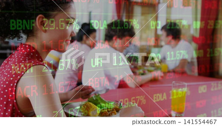 Holding plate, woman in red polka-dot blouse eating at dining hall, ticker overlay, copy space Holding plate, woman in red polka-dot blouse eating at dining hall, ticker overlay, copy space 141554467