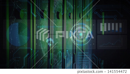 Glowing concentric HUD target centering on virtual dashboard, showing pie chart and circuit traces 141554472