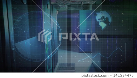 Glowing data center aisle featuring server racks and raised vented floor, displaying HUD overlays Glowing data center aisle featuring server racks and raised vented floor, displaying HUD overlays 141554473