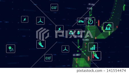 Showing green dotted upward curve rising across data panel, with candles, numbers, eco icons Showing green dotted upward curve rising across data panel, with candles, numbers, eco icons 141554474