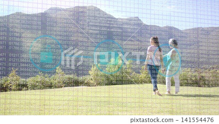 Walking two females hand-holding on park lawn in blue and pink, showing data overlay, copy space Walking two females hand-holding on park lawn in blue and pink, showing data overlay, copy space 141554476