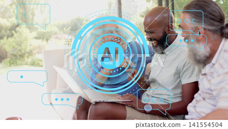 Smiling three adults wearing casual shirts leaning toward laptop on porch, with blue AI overlay Smiling three adults wearing casual shirts leaning toward laptop on porch, with blue AI overlay 141554504