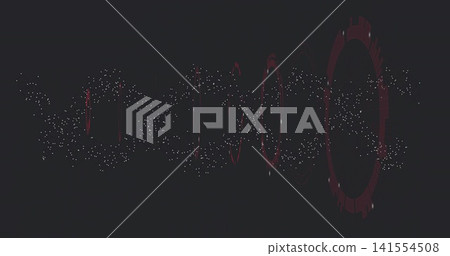Pulsing abstract horizontal particle wave flowing in digital space, with maroon gear and streaks 141554508