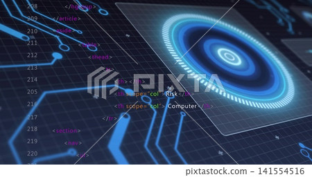 Glowing hi-tech circular UI element sitting on dashboard panel, showing neon circuits and HTML code Glowing hi-tech circular UI element sitting on dashboard panel, showing neon circuits and HTML code 141554516