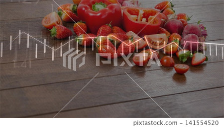 Showing cut strawberries, tomatoes, red bell pepper, radishes on wood tabletop, white chart overlay Showing cut strawberries, tomatoes, red bell pepper, radishes on wood tabletop, white chart overlay 141554520