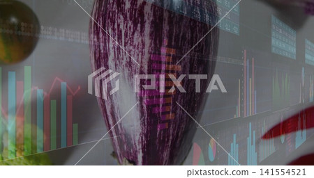 Displaying purple-striped eggplant on counter with soft green fruit left red item right and charts Displaying purple-striped eggplant on counter with soft green fruit left red item right and charts 141554521