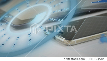 Displaying smartphone on right side of white tabletop, showing HUD with charging-port, copy space Displaying smartphone on right side of white tabletop, showing HUD with charging-port, copy space 141554584