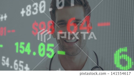 Smiling male doctor wearing white lab coat and stethoscope, facing studio with ticker overlay Smiling male doctor wearing white lab coat and stethoscope, facing studio with ticker overlay 141554617