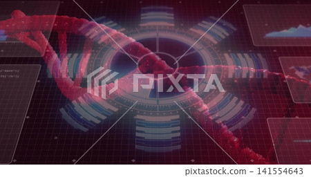 Twisting red-pink DNA double helix moving across virtual lab HUD, showing data panels 141554643