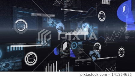 Projecting cluster of holographic dashboard elements floating in dark virtual space, with gauges Projecting cluster of holographic dashboard elements floating in dark virtual space, with gauges 141554655