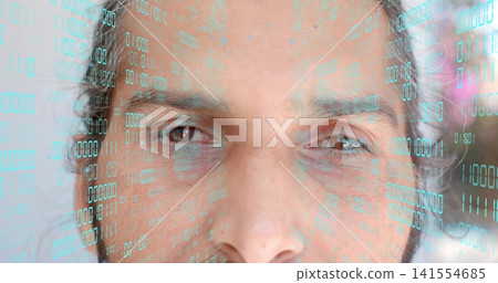Staring mid-adult Indian man showing eyes and beard in studio close-up, with teal binary overlay Staring mid-adult Indian man showing eyes and beard in studio close-up, with teal binary overlay 141554685