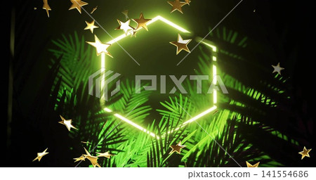 Glowing green neon hex emitting light in studio, with palm fronds, ferns, gold stars, fog Glowing green neon hex emitting light in studio, with palm fronds, ferns, gold stars, fog 141554686