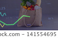 Displaying jute tote holding bread greens oranges apples red pepper on tabletop, with chart overlay 141554695