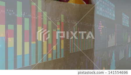 Projecting multi-panel data visuals wall showing analytics in meeting room, with stacked bar charts Projecting multi-panel data visuals wall showing analytics in meeting room, with stacked bar charts 141554696