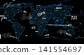 Displaying stylized global map on digital dashboard with numeric labels, hex clusters, node trails 141554697