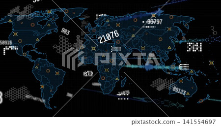 Displaying stylized global map on digital dashboard with numeric labels, hex clusters, node trails Displaying stylized global map on digital dashboard with numeric labels, hex clusters, node trails 141554697