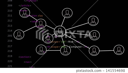 Displaying central hub avatar connecting radial nodes on dark code editor, with colorful HTML Displaying central hub avatar connecting radial nodes on dark code editor, with colorful HTML 141554698