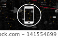 Displaying white smartphone icon in circle frame on cyber dashboard, with code columns, red streaks 141554699
