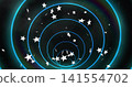 Rotating concentric neon-blue rings creating tunnel in digital space, with white stars 141554702