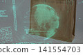 Wireframe hologram globe hovering in studio casting green code over brown fabric tote bag and grid 141554703