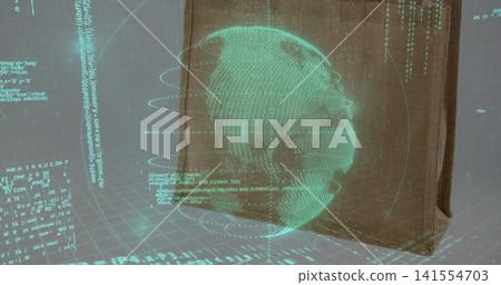 Wireframe hologram globe hovering in studio casting green code over brown fabric tote bag and grid Wireframe hologram globe hovering in studio casting green code over brown fabric tote bag and grid 141554703