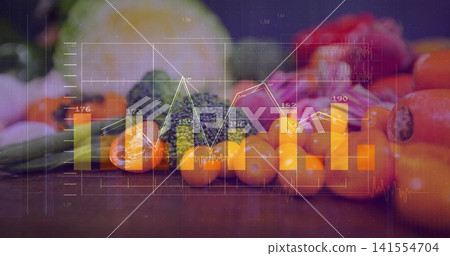 Showing cherry tomato cluster with carrots, broccoli and cucumber on wood board, analytics overlay Showing cherry tomato cluster with carrots, broccoli and cucumber on wood board, analytics overlay 141554704