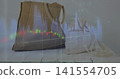 Displaying large tan canvas tote and small cream tote sitting on white painted plank, chart overlay 141554705
