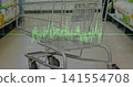 Occupying metal shopping cart with casters resting on tiled market aisle, showing green waveform 141554708