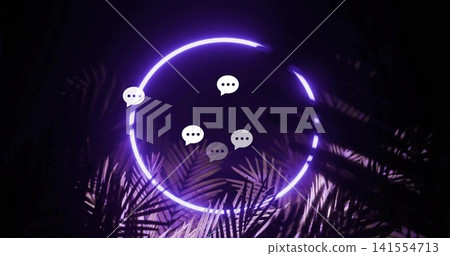 Glowing broken neon purple ring emitting light in studio, with white chat bubbles, lit palm fronds Glowing broken neon purple ring emitting light in studio, with white chat bubbles, lit palm fronds 141554713