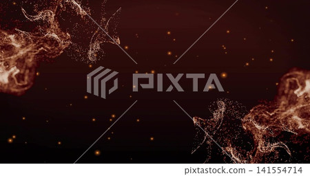 Swirling abstract particle formations drifting across maroon-black gradient, copper-gold sparks Swirling abstract particle formations drifting across maroon-black gradient, copper-gold sparks 141554714