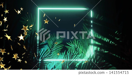 Glowing cyan neon frame casting teal light on studio set, with palm fronds drifting gold confetti Glowing cyan neon frame casting teal light on studio set, with palm fronds drifting gold confetti 141554715