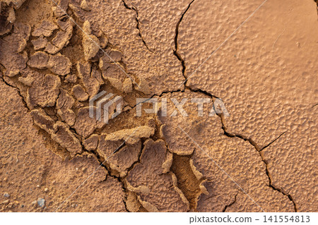 Extreme close-up of parched, cracked earth texture showing deep fissures and dry clay fragments, capturing the harsh essence of a severe drought and environmental desertification process Extreme close-up of parched, cracked earth texture showing deep fissures and dry clay fragments, capturing the harsh essence of a severe drought and environmental desertification process 141554813