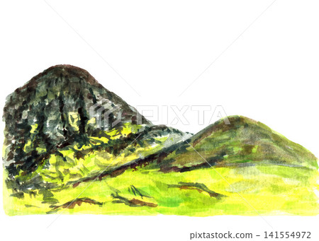 Hand drawn watercolor vivid landscapes of island mountain countries, Scotland, Britain. Rocky peaks, green hills, bright grass isolated on a white background. For tourism postcards, prints. Hand drawn watercolor vivid landscapes of island mountain countries, Scotland, Britain. Rocky peaks, green hills, bright grass isolated on a white background. For tourism postcards, prints. 141554972