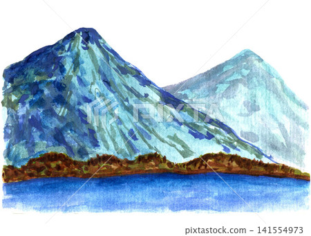 Beautiful rocky landscape of the northern coastal mountainous countries. Hand drawn watercolor illustration in bright blue tones, mountains, sea. For tourism and travel. Beautiful rocky landscape of the northern coastal mountainous countries. Hand drawn watercolor illustration in bright blue tones, mountains, sea. For tourism and travel. 141554973