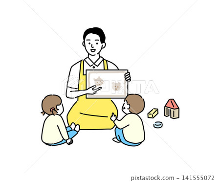 A young male daycare worker shows a picture to a child. A young male daycare worker shows a picture to a child. 141555072