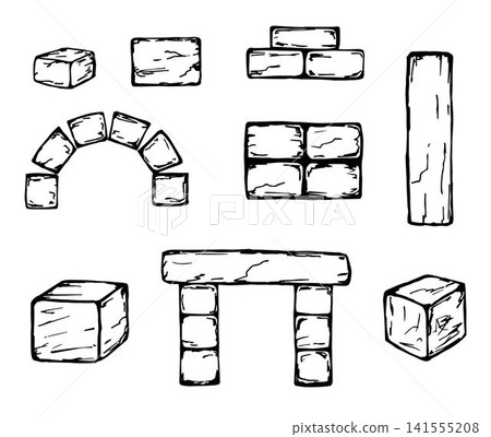 Hand drawn black line vector set of building stone elements isolated on white background. Reconstruction of ancient castles, arches, granite blocks, rough walls, brickwork. Hand drawn black line vector set of building stone elements isolated on white background. Reconstruction of ancient castles, arches, granite blocks, rough walls, brickwork. 141555208