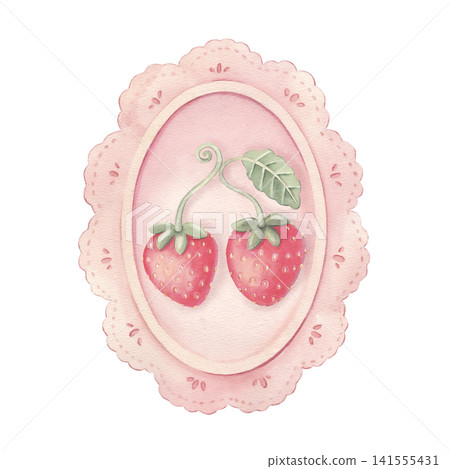 Strawberries in pink lace frame. Hand-painted watercolor illustration isolated on white for cards, feminine branding, stickers, packaging, decor, scrapbooking, icons, logo, poster, social media design Strawberries in pink lace frame. Hand-painted watercolor illustration isolated on white for cards, feminine branding, stickers, packaging, decor, scrapbooking, icons, logo, poster, social media design 141555431