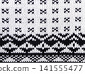 Cotton sweater texture with decorative ornament of white and dark blue color. Natural material with knitted ornament. Horizontal or vertical Christmas background with knitted fabric texture 141555477