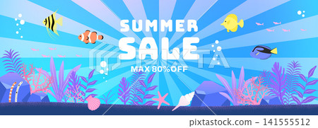 Underwater sale banner featuring tropical fish and coral Underwater sale banner featuring tropical fish and coral 141555512