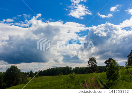 Dramatic towering cumulus clouds hanging over a lush green meadow with a dirt path winding through trees under a bright vibrant summer sky, picturesque pastoral countryside scene Dramatic towering cumulus clouds hanging over a lush green meadow with a dirt path winding through trees under a bright vibrant summer sky, picturesque pastoral countryside scene 141555552