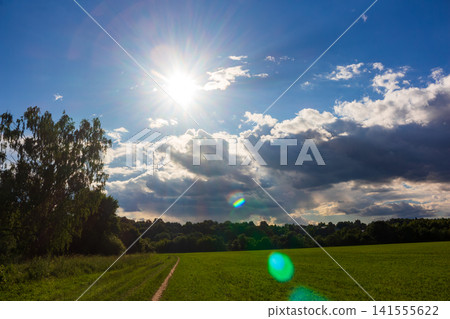 Bright summer sun radiating beams over a lush green meadow with a dirt path winding through the grass under a dramatic sky filled with scattered white and dark fluffy clouds Bright summer sun radiating beams over a lush green meadow with a dirt path winding through the grass under a dramatic sky filled with scattered white and dark fluffy clouds 141555622