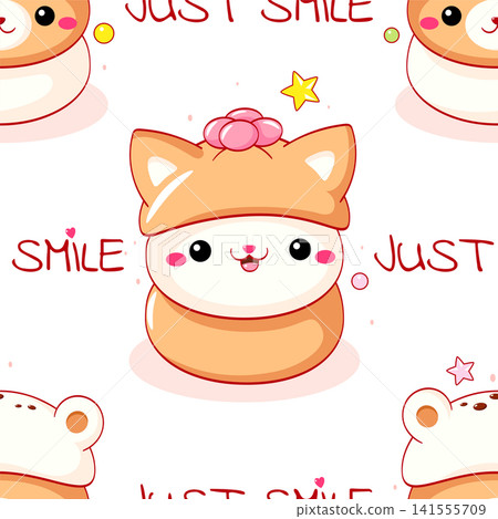 Vector seamless pattern with cute animal-shaped mantou buns. Cute oriental dessert in kawaii style. Tiling pattern in cutecore theme. Endless texture can be used for pattern fills, fabric design Vector seamless pattern with cute animal-shaped mantou buns. Cute oriental dessert in kawaii style. Tiling pattern in cutecore theme. Endless texture can be used for pattern fills, fabric design 141555709