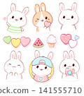Set for scrapbooking in kawaii style. Cute badge, tag, label with bunny, heart, watermelon. Sweet rabbit themed collection of cozy sticker. Can be used for t-shirt print, sticker, badge. Vector EPS8 141555710