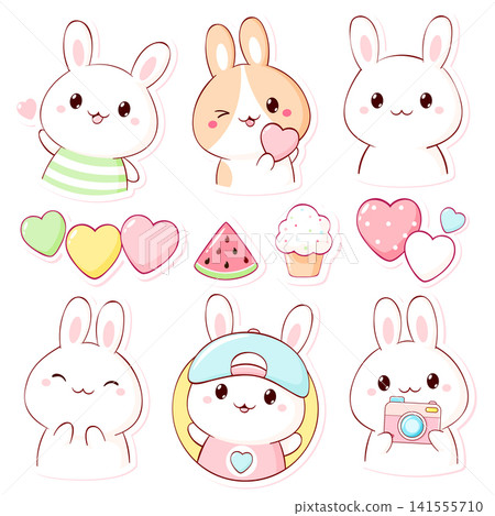 Set for scrapbooking in kawaii style. Cute badge, tag, label with bunny, heart, watermelon. Sweet rabbit themed collection of cozy sticker. Can be used for t-shirt print, sticker, badge. Vector EPS8 Set for scrapbooking in kawaii style. Cute badge, tag, label with bunny, heart, watermelon. Sweet rabbit themed collection of cozy sticker. Can be used for t-shirt print, sticker, badge. Vector EPS8 141555710