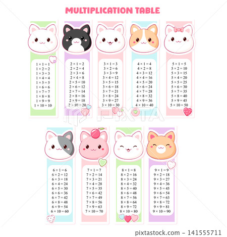 Multiplication table set. Collection of printable bookmarks or stickers with cute cartoon little cat and hearts. Collection of funny happy baby. Vector illustration EPS8 Multiplication table set. Collection of printable bookmarks or stickers with cute cartoon little cat and hearts. Collection of funny happy baby. Vector illustration EPS8 141555711
