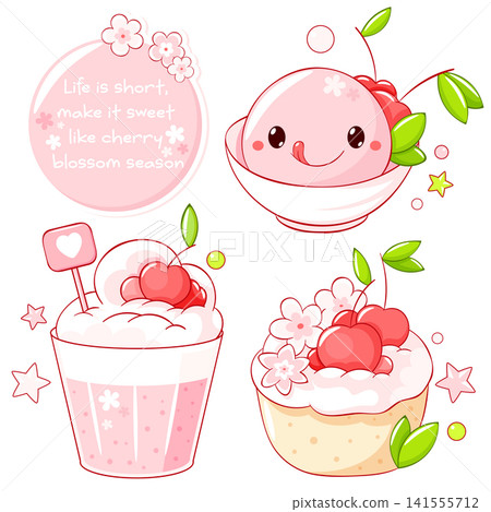 Vector spring sticker set sakura mochi in kawaii style. Hanami season collection with cute dessert. Japanese traditional cuisine dish confectionery. Can be used for t-shirt print, badge, tag, sticker Vector spring sticker set sakura mochi in kawaii style. Hanami season collection with cute dessert. Japanese traditional cuisine dish confectionery. Can be used for t-shirt print, badge, tag, sticker 141555712