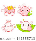 Vector spring set with cute sticker with sakura mochi in kawaii style. Hanami season collection. Japanese traditional cuisine dish confectionery. Can be used for t-shirt print, badge, tag, sticker 141555713