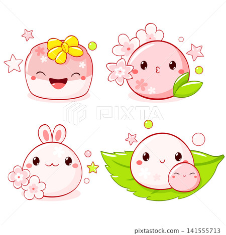 Vector spring set with cute sticker with sakura mochi in kawaii style. Hanami season collection. Japanese traditional cuisine dish confectionery. Can be used for t-shirt print, badge, tag, sticker Vector spring set with cute sticker with sakura mochi in kawaii style. Hanami season collection. Japanese traditional cuisine dish confectionery. Can be used for t-shirt print, badge, tag, sticker 141555713